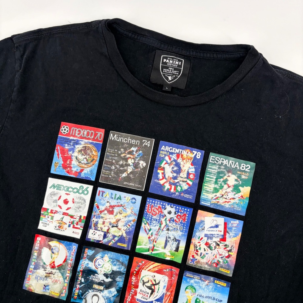 Panini Heritage FIFA World Cup T-Shirt Mens L‎ Black 1970-2014 Poster Graphic
